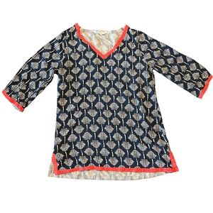 Escapada Living Womens Navy Blue Palm Leaf Print V-Neck Tunic Top M Coral Trim